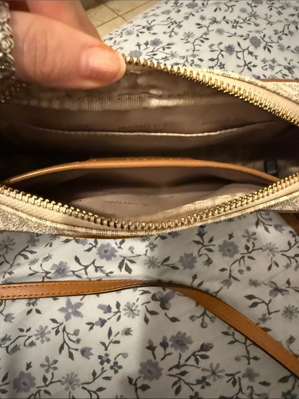 Michael Kors Jet Set Medium Cream Logo Crossbody with Tan Trim